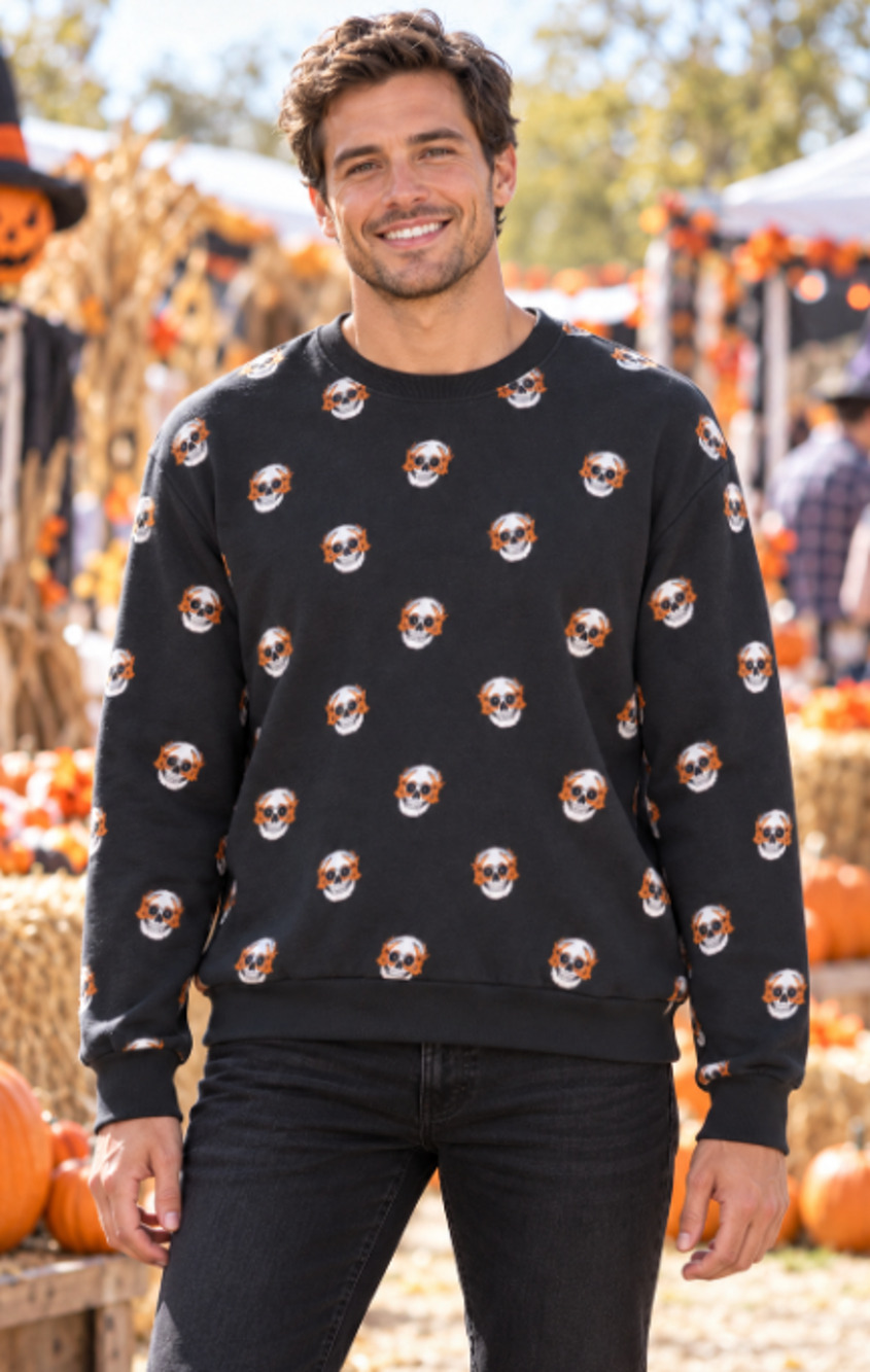 Denim & Flowers Medium Skulls halloween skeleton sweatshirt spooky fall festival
